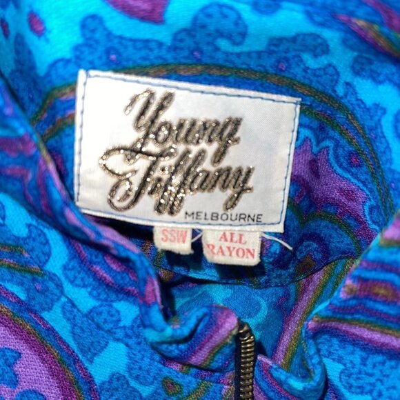 Young Tiffany Melbourne Dress Vintage Purple Turquoise Paisley Zipper Front - Picture 4 of 12